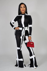 Contrast Color Long Sleeve Flare Pant Two Piece Sets FSL-064
