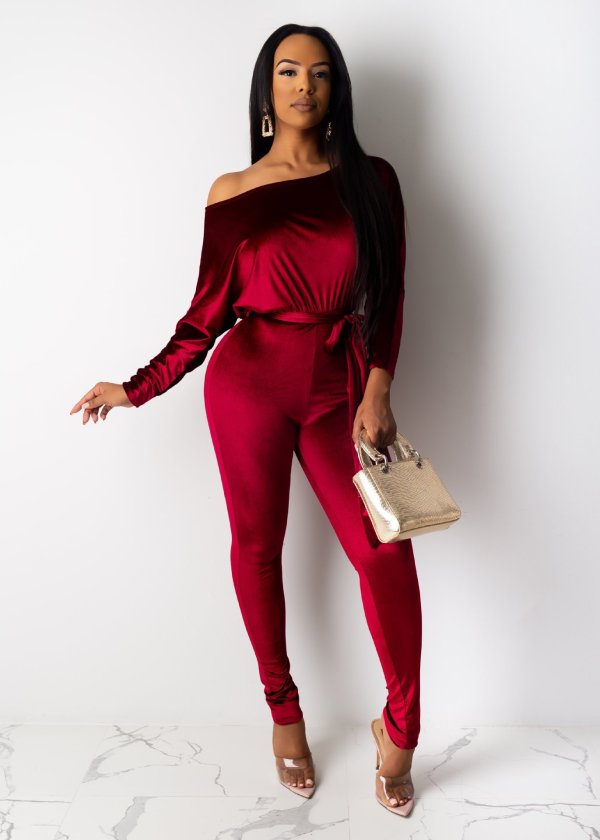 Sexy Velvet Batwing Sleeves Sashes Jumpsuits CH-8089