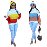Contrast Color Turtleneck Knitted Sweater Tops Without Hat ARM-8152