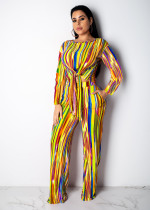 Rainbow Striped Tie Up Long Sleeves Two Piece Sets LM-8106