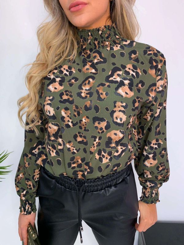 Leopard Print High Collar Long Sleeves Chiffon Tops FNN-8345