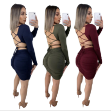 Sexy Lace Up Backless Full Sleeve Bodycon Dress YM-9187