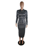 Casual Striped Hooded Long Sleeve Maxi Dress YM-9188