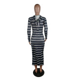 Casual Striped Hooded Long Sleeve Maxi Dress YM-9188