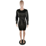 Solid Long Sleeves Sashes Bodycon Dresses YM-9189