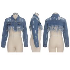 Sexy Tassel Long Sleeve Short Denim Jacket Coat SMR-9522