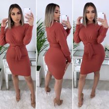 Solid Long Sleeves Sashes Bodycon Dresses YM-9189