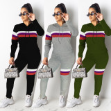 Casual Striped Hooded Two Piece Pants Set MEI-9073