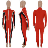 Contrast Color Long Sleeve Skinny Activewear Jumpsuit MEI-9076