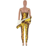 Leopard Print Short Jacket Strap Jumpsuits 2 Piece Sets AWN-5081