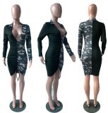 Camouflage Print Patchwork Long Sleeve Bodycon Dress YIM-8083