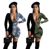 Camouflage Print Patchwork Long Sleeve Bodycon Dress YIM-8083