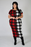 Plus Size 5XL Plaid Print Short Sleeve Long Dress OSM2-3299