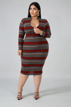 Plus Size Stripe Long Sleeve Bodycon Midi Dress OSM2-4081