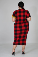 Plus Size 5XL Plaid Print Short Sleeve Long Dress OSM2-3299