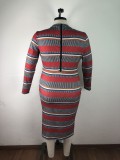 Plus Size Stripe Long Sleeve Bodycon Midi Dress OSM2-4081