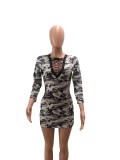 Camouflage Print Sexy Lace Up Bodycon Mini Dress FNN-8016