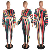 Colored Stripe Oblique Shoulder 2 Piece Pants Set WY-6605