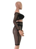 Sexy Mesh Fishnet Hollow Two Piece Shorts Set Plus Size FNN-8110