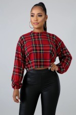 Plaid Print O Neck Long Sleeve Pullover Tops WY-6612