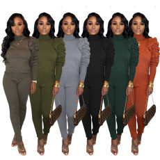 Solid Piles Sleeves Turtleneck Two Piece Pants Set IV-8065