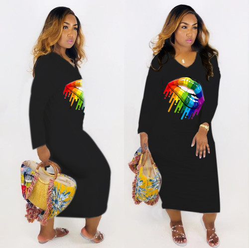 Wholesale Casual Lips Print V Neck Long Sleeve Midi Dress Rm 6252 Df