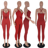 Solid V Neck Cross Strap Backless Bodycon Jumpsuits AWN-5011