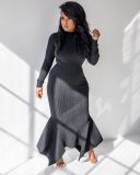 Solid Knitted Long Sleeve Irregular Maxi Dresses MIL-067