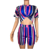 Colorful Stripe Crop And Shorts 2 Piece Sets MDF-5061