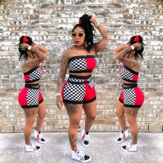 Plaid Patchwork Tube Top And Shorts 2 Piece Sets YN-982-2