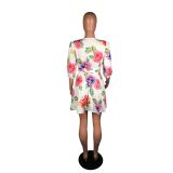 Floral Print Deep V Neck Sashes Mini Dresses BS-1087