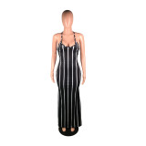 Sexy Striped Cross Strap Backless Maxi Dress BS-1058