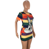 Plus Size Rainbow Stripe Sequin Rabbit Printed Mini Dress FNN-8203