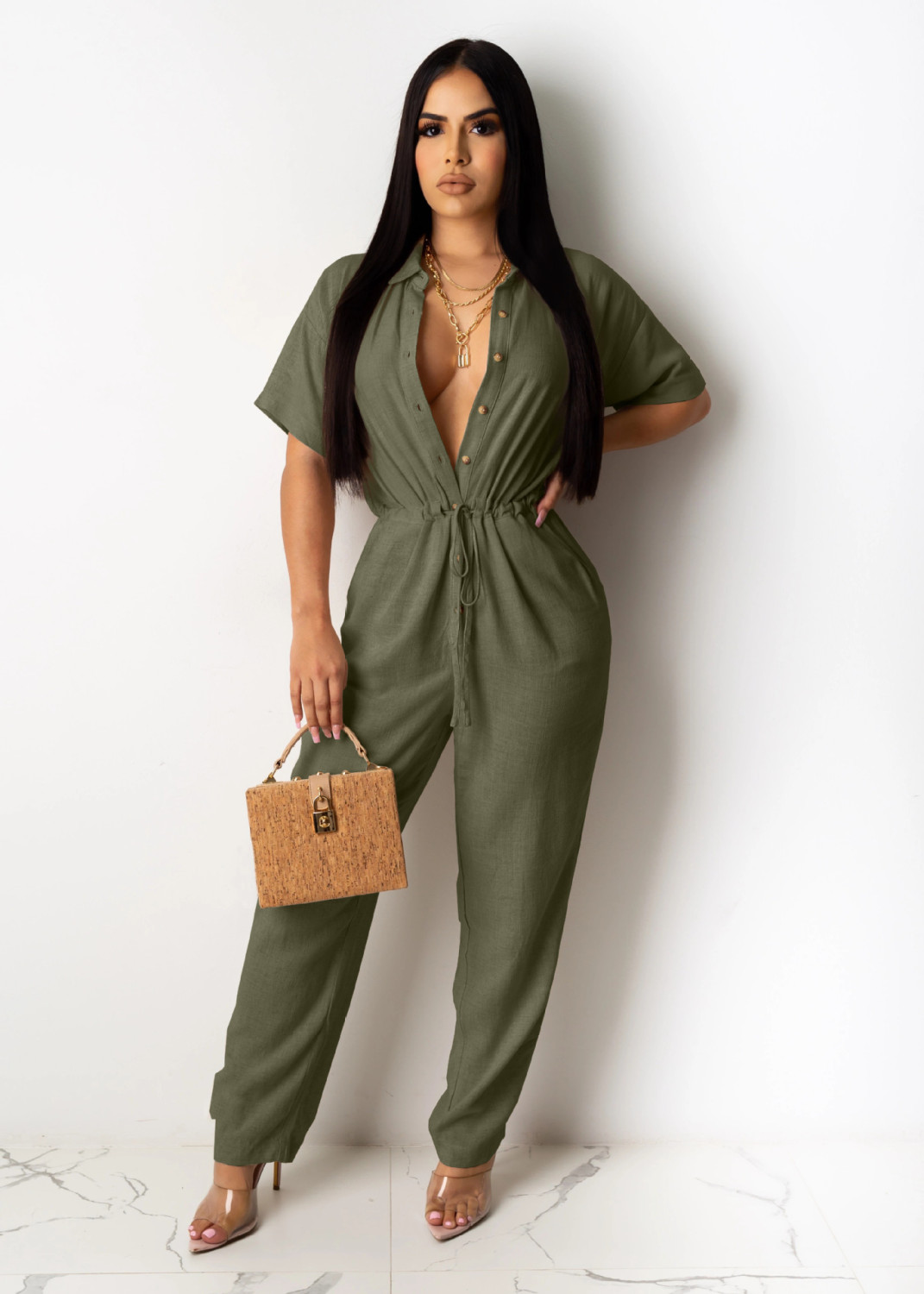 Wholesale Plus Size Casual Buttons Short Sleeve Waist Jumpsuit Cl
