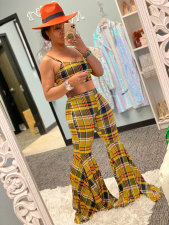 Plaid Print Flare Pants Two Piece Sets MN-9233