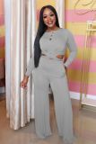 Solid Long Sleeve Wide Leg Pant 2 Piece Sets LUO-3030