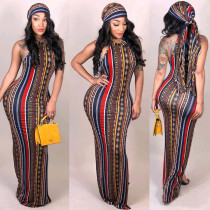 Colorful Stripe Bohemia Maxi Dress With Headscarf YS-8288