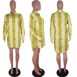 Snake Skin Print Long Sleeve Shirt Dress Without Belt LUO-3027
