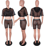 Sexy Mesh See Through Hooded 2 Piece Shorts Set LUO-3013