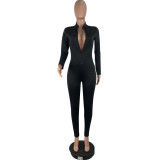 Solid Long Sleeve Front Zipper Skinny Jumpsuit CHY-1198