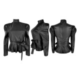 PU Leather Long Sleeve Tops With Belt Plus Size YIS-837