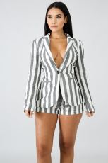 Plus Size Striped Blazer Coat Shorts 2 Piece Sets LSD-8140