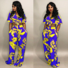 Plus Size Leaves Print Tie Up Two Piece Set FNN-8121