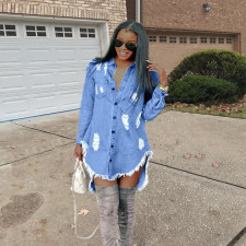 Casual Ripped Hole Tassel Denim Shirt Dress OD-8217