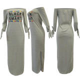 Plus Size Letter Print Slash Neck Split Maxi Dress AL-039