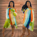 Plus Size Rainbow Stripe Slash Neck Loose Dress HM-6079