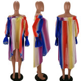 Plus Size Rainbow Stripe Slash Neck Loose Dress HM-6079