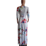Plus Size Floral Print V Neck Long Maxi Dress NK-8193