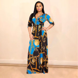 Plus Size Floral Print V Neck Long Maxi Dress NK-8193