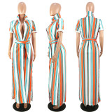Colorful Stripe Short Sleeve Long Shirt Dress ASL-6138